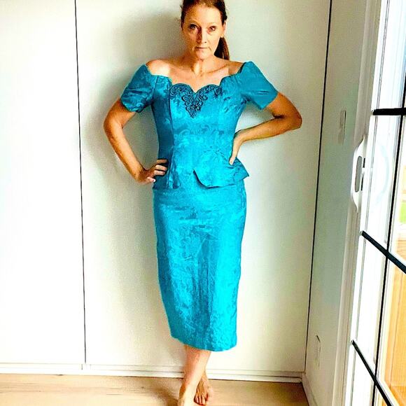 Vintage 90s Prom Party Dress Size 4 Pencil Peplum Size 4 Scott McClintock Brocad - Picture 1 of 11